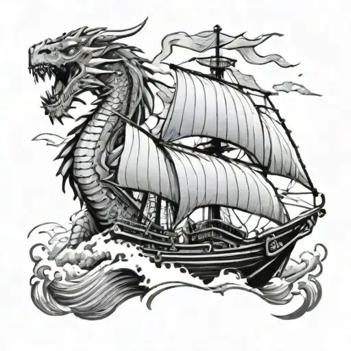 Dragon Ship Sailing Towards The Sea
