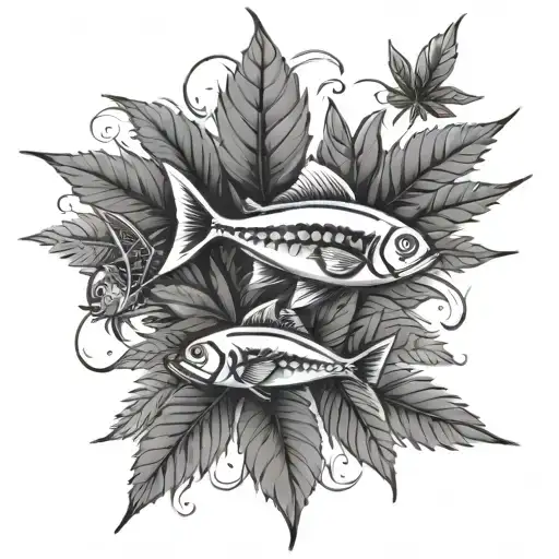 Marijuana Leaf With Fish Swimming Together