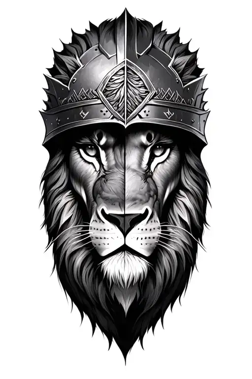 Half Lion With Half Human Eye In Warrior Helmet Front View