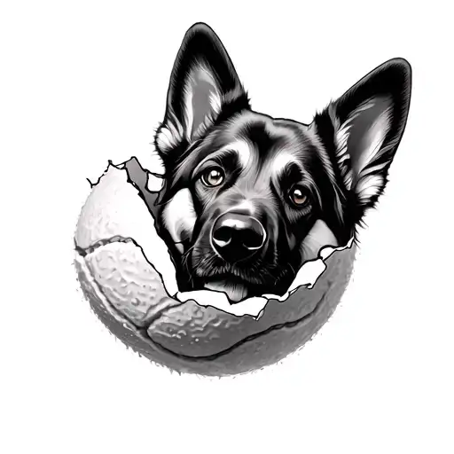 Torn Open Tennis Ball With German Sheperd Eyes And Ears Above It