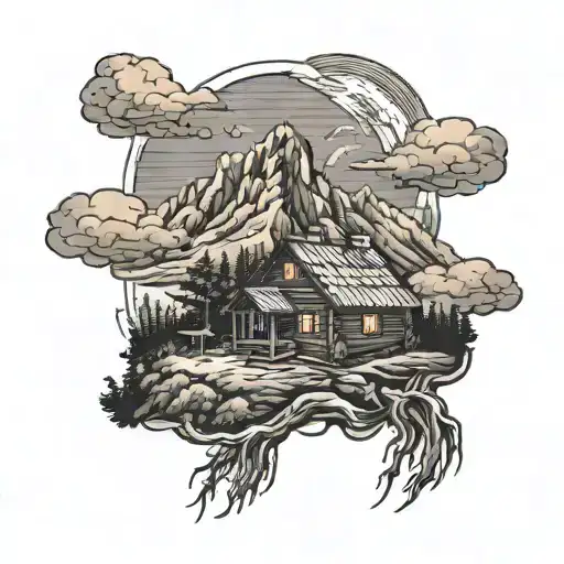 Woodcut Style Stormy Mountain Scene With Log Cabin And Lightning