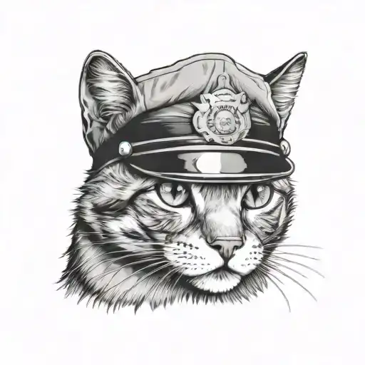 A Black And Grey Portrait Of A Cat Wearing A Police Hat