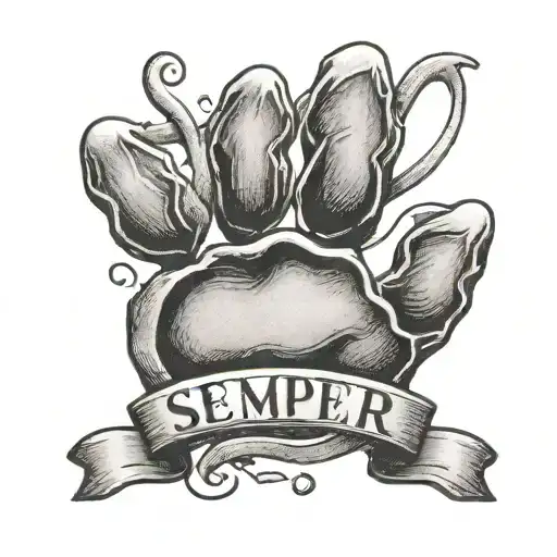 A Black-grey Tattoo Of A Dog Paw Print With The Text 'Semper Fi' Above It