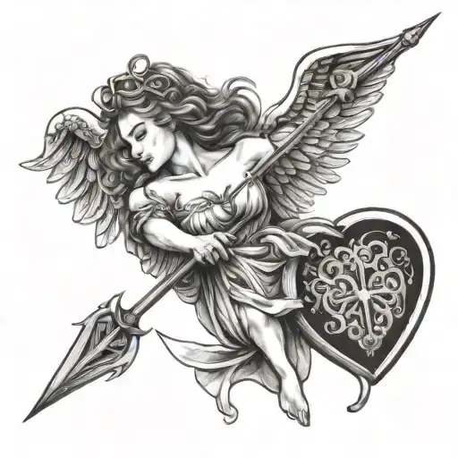 Female Angel With Arrow In Heart Shaped Lock