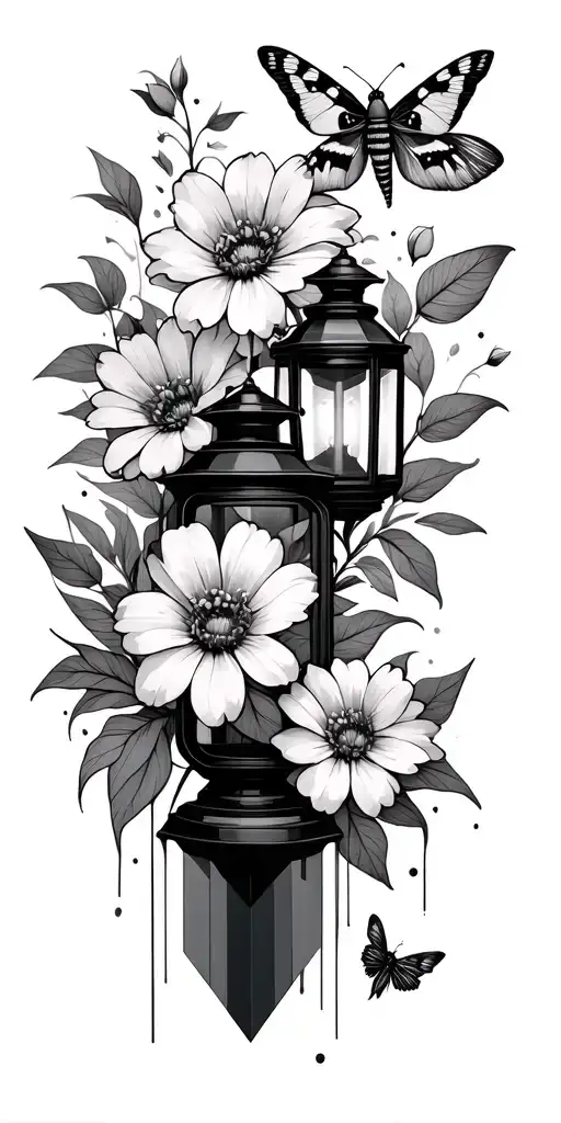 Large And Small Flowers With A Lantern And A Moth With Some Geometric Filler