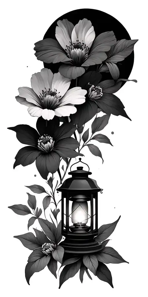 Large And Small Flowers With A Lantern And With Some Geometric Filler Background