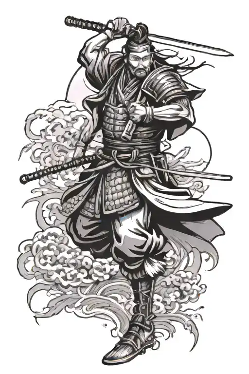 Japanese Samurai Scene Featuring Iconic Symbols