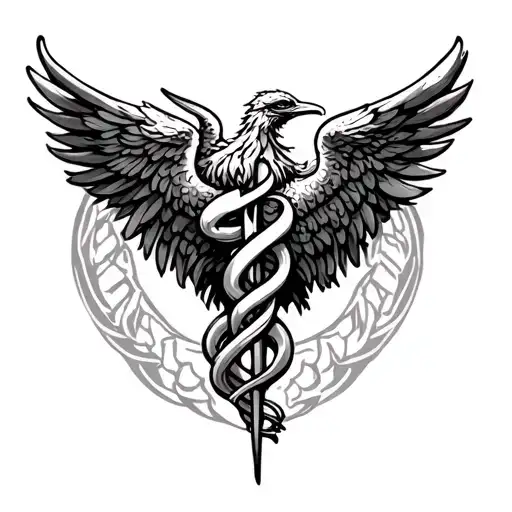 Phoenix With Medical Caduceus Intertwined Ab Stract Design