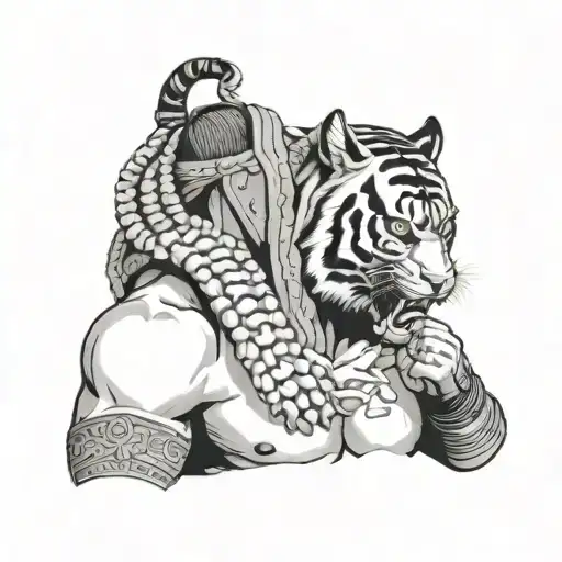 Samurai Wrestler Choking A Tiger Head Profile Holding