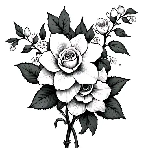 A Daffodil And Rose And A Honeysuckle Tied Together With A Vine