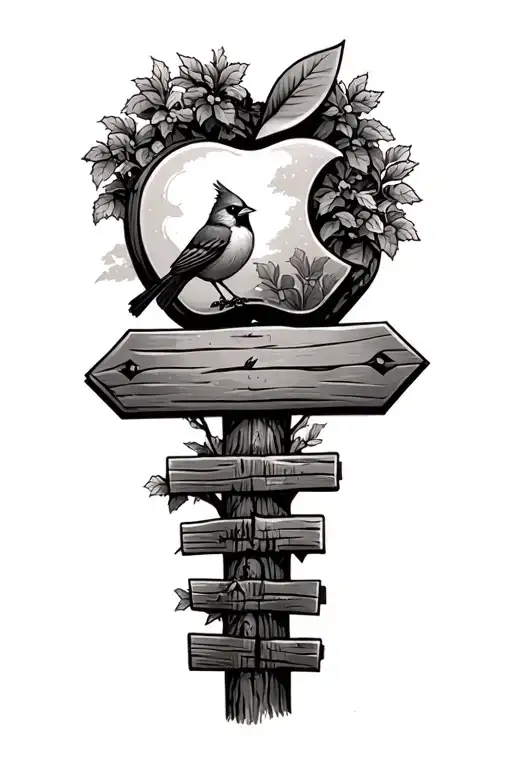 Apple Tree With Railroad Tie Sign With Cardinal Perched On Sign