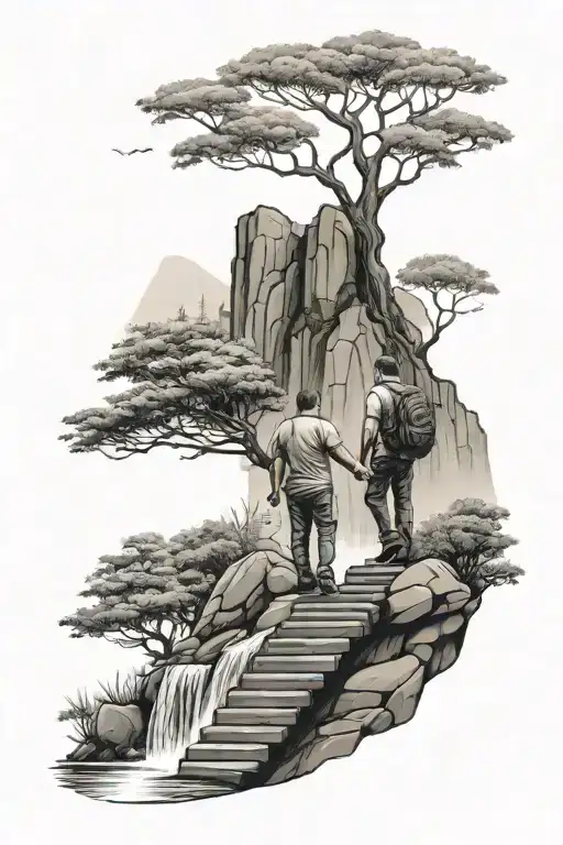 3 Sons Holding Dad Hand Walking Up Stairs Trees Waterfall Mountain