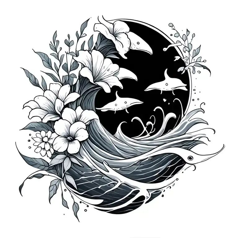 Ocean Waves With Stingrays And Flowers Intertwined