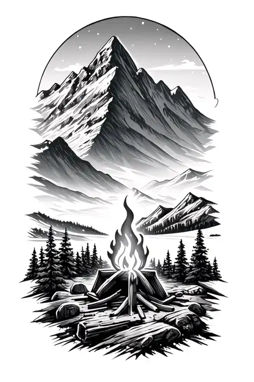 Mountain And Campfire Scene