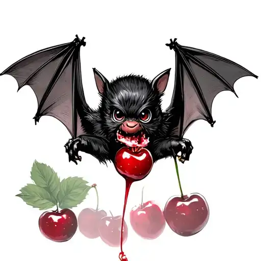 A Sketch Of A Bat Hanging Upside Down Holding A Cherry After Taking A Bite