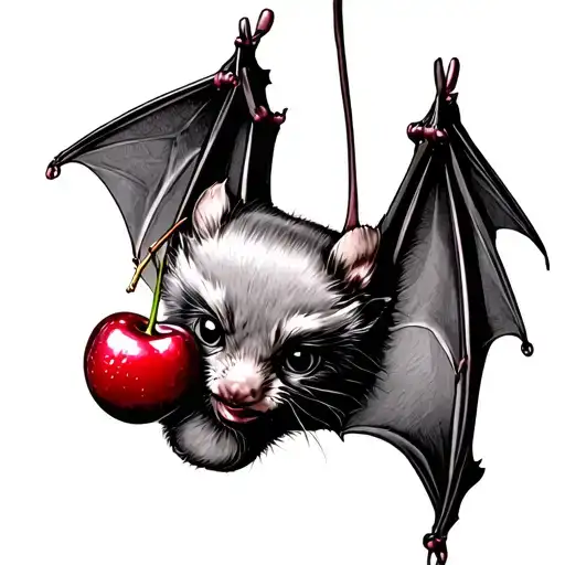 A Bat Hanging Upside Down Holding A Cherry