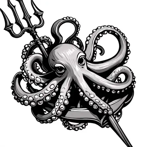 Octopus On A Anchor Holding A Trident On The Leg