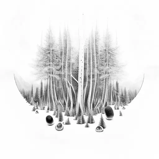 Dark Realistic Forest With A Few Magic Mushrooms