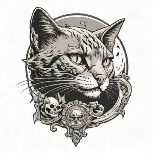 Bayun The Cat Against The Background Of The Moon On A Pillar With Skulls