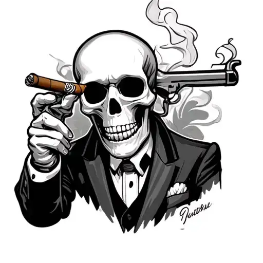 Skeleton Smoking A Cigar Wearing A Suit Holding A Shot Gun