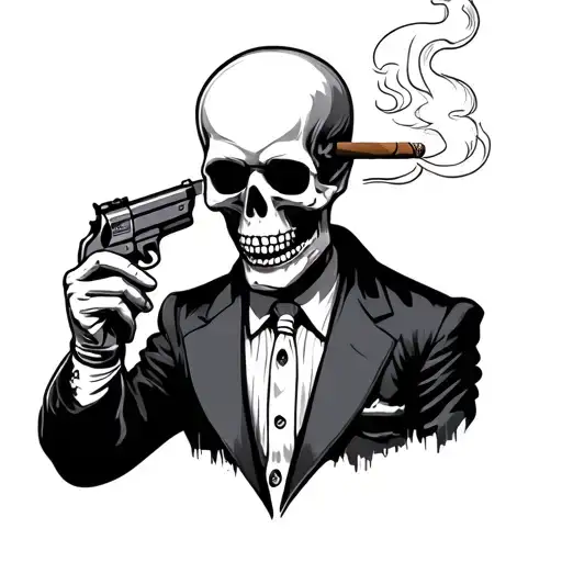 Skeleton Smoking A Cigar Wearing A Suit Holding A Shot Gun