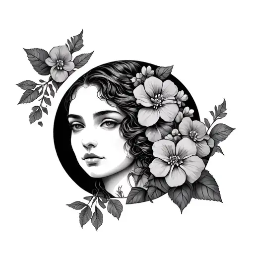 Moon With Woman's Face With Begonias Tucked Into Her Curls