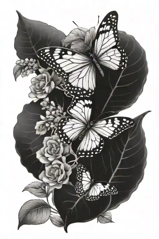 Leaf And Flowers And Butterfly