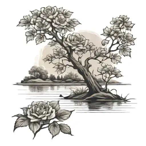 Rowan Tree With Roses Over A Lake