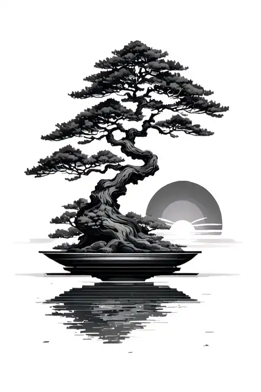 Bonsai Tree With Geometric Shapes And A Sunrise