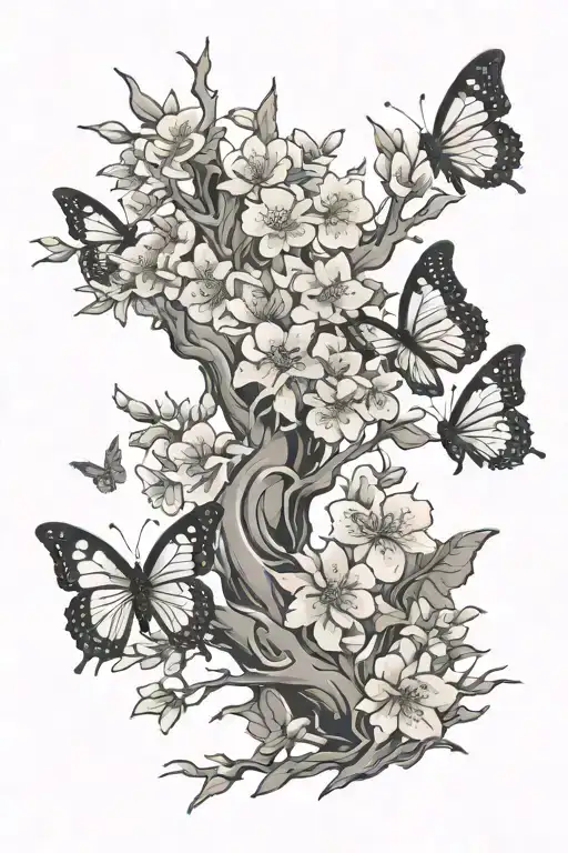 Cherry Blossom Tree And Butterflies