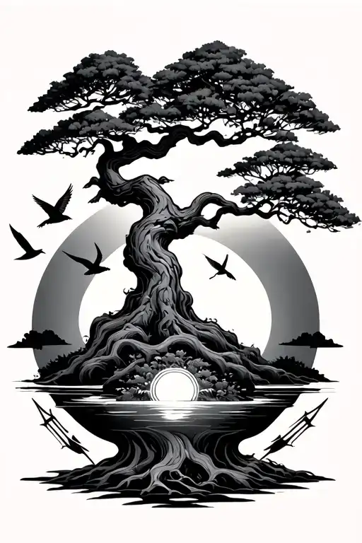 Bonsai Tree Linked With Linework Arrows To A Sun And Flying Birds