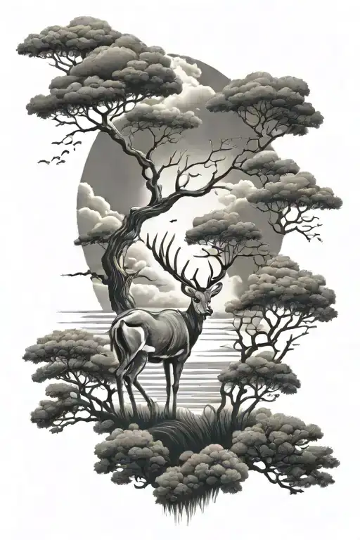 Impala With African Trees And Approching Storm Clouds