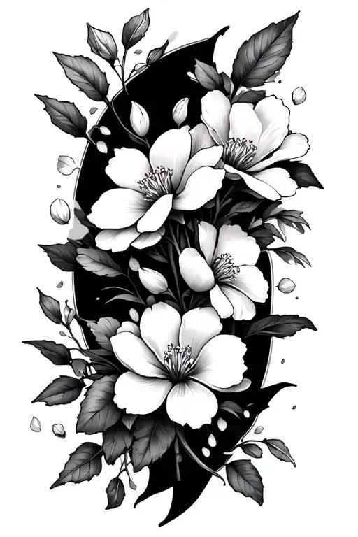 A Sleeve With Azaelea Flowers Prominent In The Tattoo And Cherry Blossom Petals Mixed In