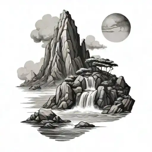 Ocean Merging Into The Mountain Range With Poseidon And Some Rocks