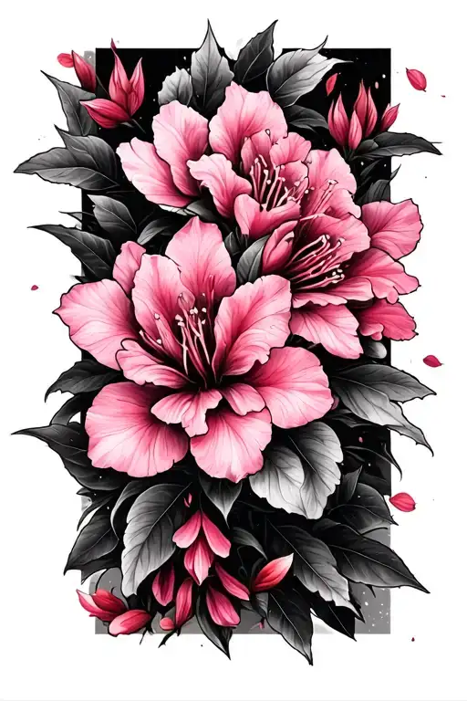 A Sleeve With Azalea Flowers Prominent In The Tattoo And Cherry Blossom Petals Mixed In