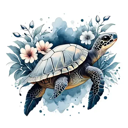 Sea Turtle With Watercolor Underneath With Flowers