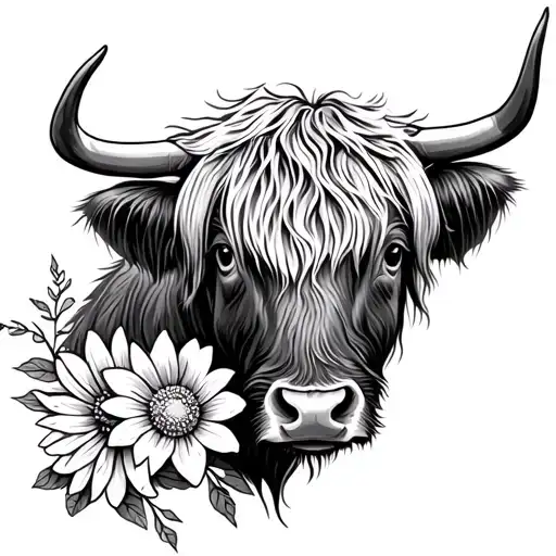 Highland Cow With Marigol Flower