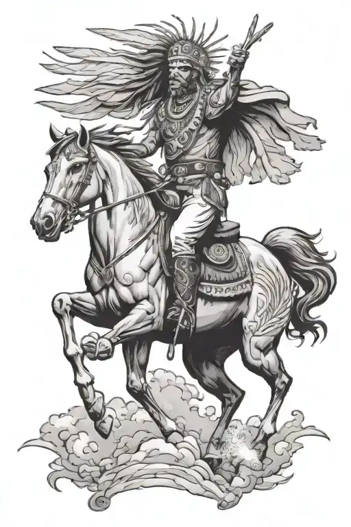 Indian Cheif Riding A Bucking Grey Horse Feathers Flow Into The Sky