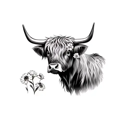 Highland Cow With Marigold Flower In Ear