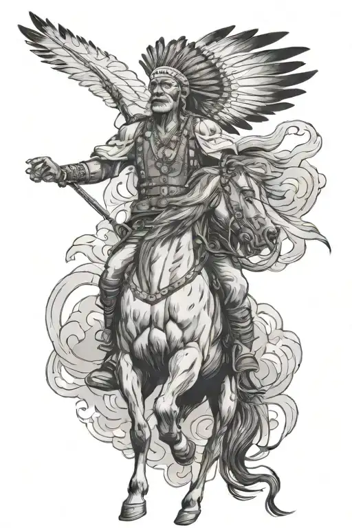 Indian Cheif Riding A Bucking Grey Horse Feathers Flow Into The Sky