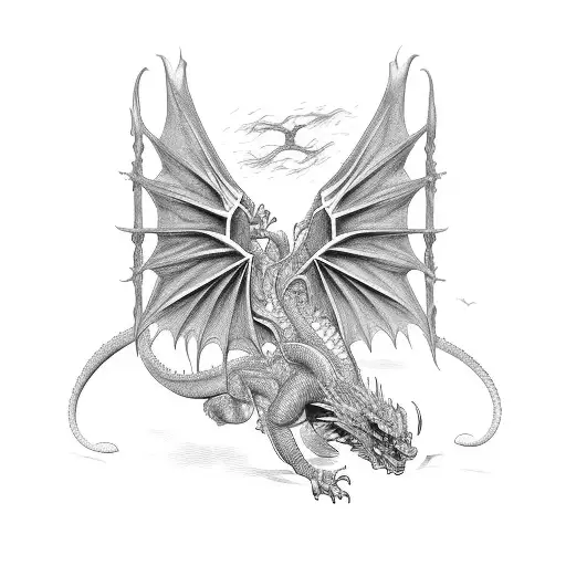 Dragon Flying With Big Wings And Long Tail