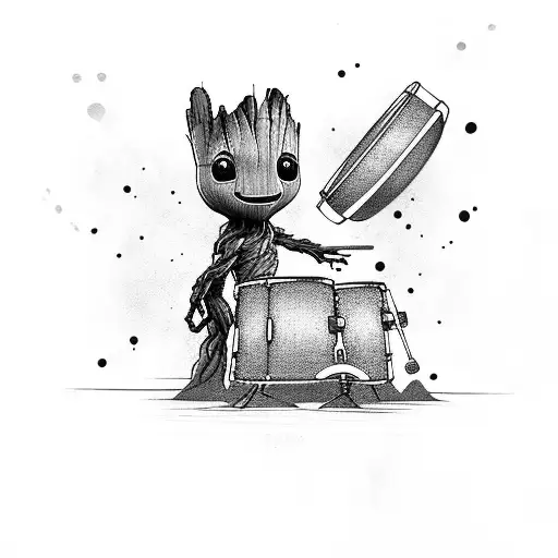 A Baby Groot Playing A Drum Set