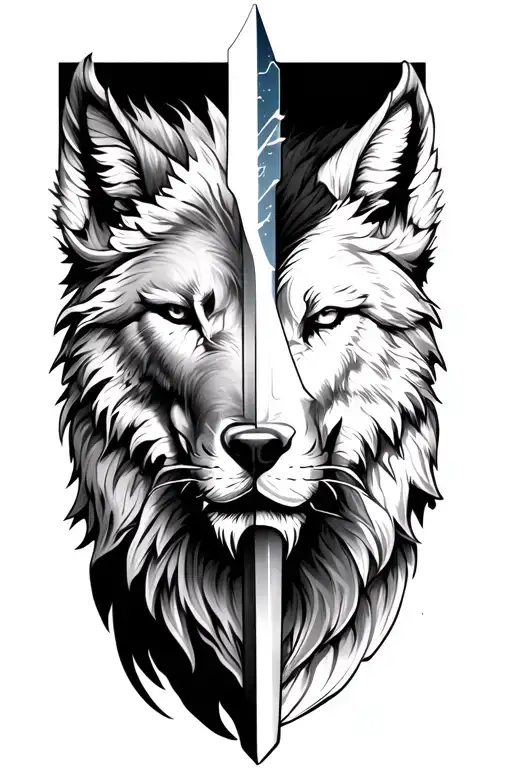 Make Forearm Tattoo With Half Lion Half Wolf With Sword Or Arrow In Between Them