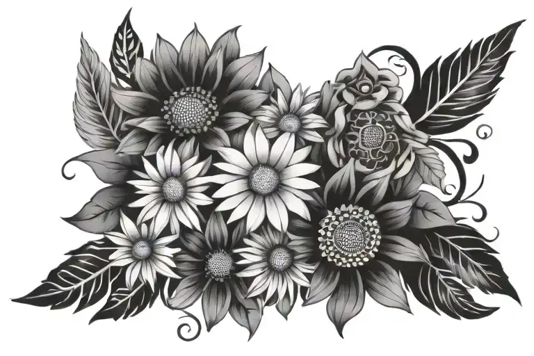 A Bouquet Of Daisies With Different Flowers And Tribal Symbols