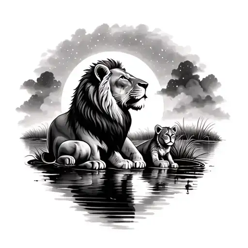Older Lion With His Cub Looking Up At The Stars Over A Pond Of Their Older Reflections