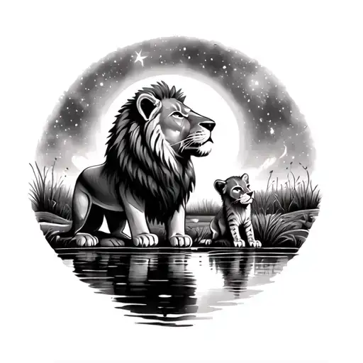 Older Lion With His Cub Looking Up At The Stars Over A Pond Of Their Older Reflections
