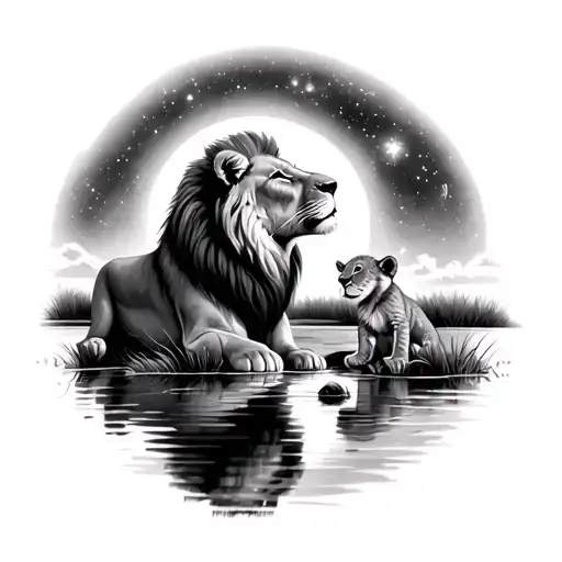 Realistic Lion With His Cub Looking Up At The Stars Over A Pond Of Their Older Reflections