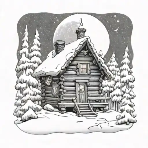 Cabin Covered In Snow In The Forest With Christmas Three And Moon