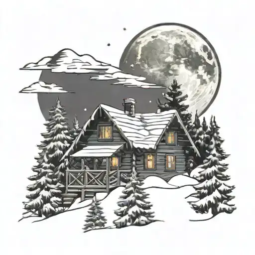 Cabin Covered In Snow In The Forest With Christmas Tree And Moon
