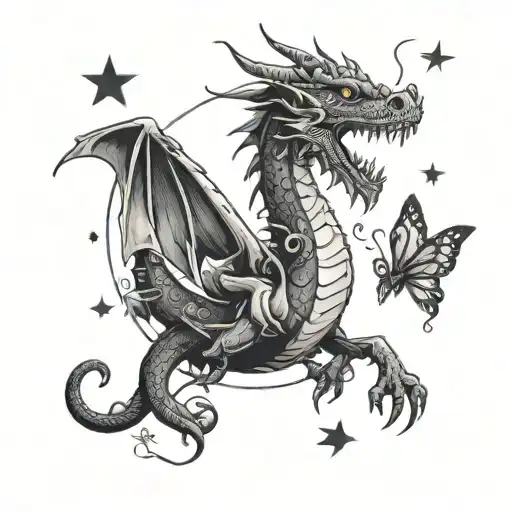 A Dragon With A Semicolon Symbol With Butterflies And Stars Around It